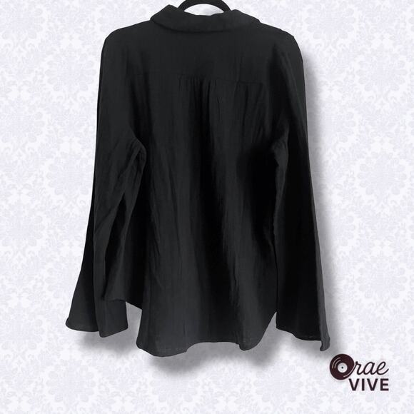 AEMI+CO L Large Black Blouse Button Down Hi-Low Hem Crochet Detail 100% Cotton - Picture 3 of 7